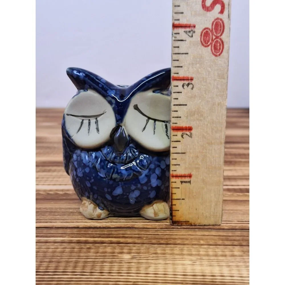 Vintage Sleeping Owl‎ Pottery Planter Blue Speckled Small Succulent